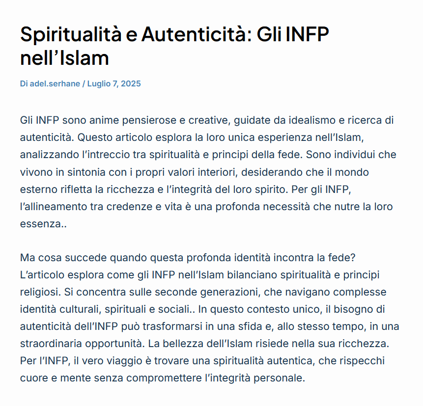 Content Creator SEO Portfolio: Inizio articolo "Spiritualità e Autenticità: Gli INFP nell'Islam"