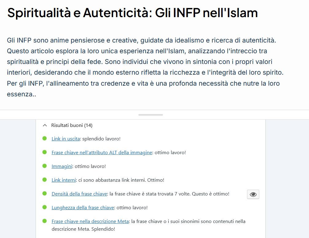 Content Creator SEO Portfolio: Ottimizzazione SEO con Yoast - Risultato Verde