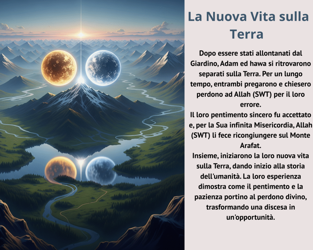 Nonostante la discesa, la misericordia di Allah (swt) non li abbandonò. Sulla Terra, Adam (as) e Hawa trovarono speranza. Con la guida divina, avrebbero costruito una nuova vita, con la promessa che attraverso la fede e le buone azioni, la via del ritorno al Paradiso sarebbe stata sempre aperta. La storia dell'umanità era appena cominciata.
