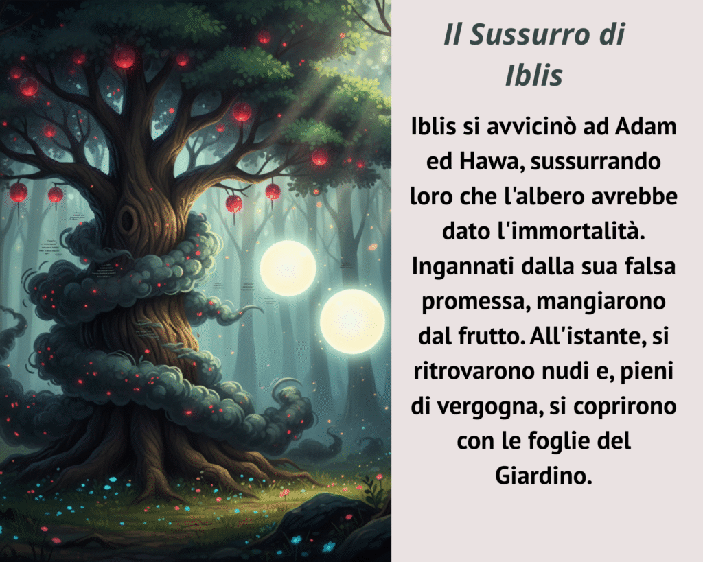 Ma Iblis, accecato dall'invidia, non si arrese. Sottilmente, con inganni e falsi consigli, si insinuò tra Adam (as) e Hawa, sussurrando loro promesse di immortalità e potere se avessero disobbedito al comando di Allah (swt).